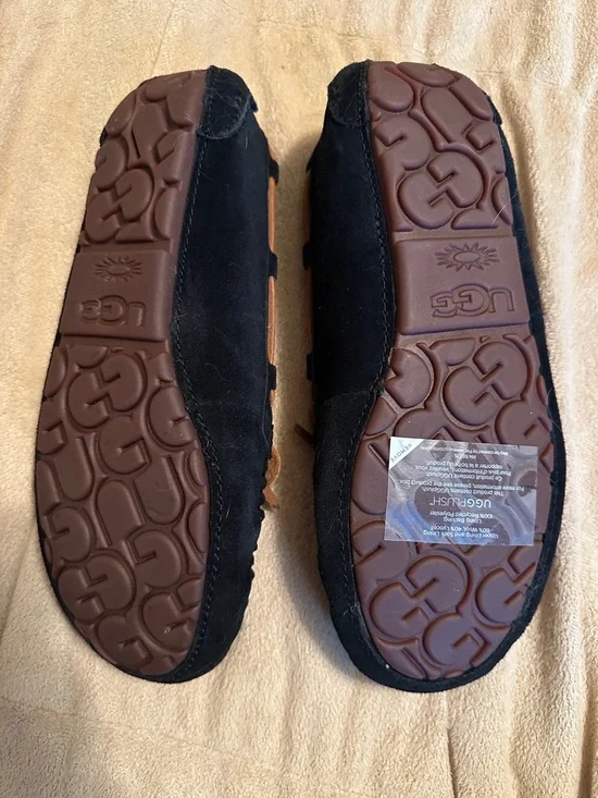 UGG Black Suede Moccasins with Tan Trim - Picture 4 of 8